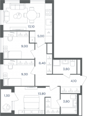 МФК «Равновесие», планировка 4-комнатной квартиры, 70.40 м²