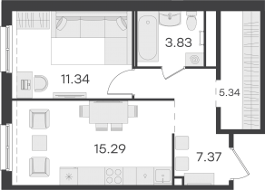 ЖК «GloraX Парголово», планировка 1-комнатной квартиры, 43.17 м²