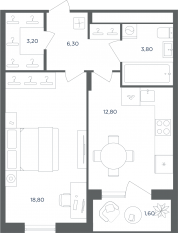 МФК «Равновесие», планировка 1-комнатной квартиры, 44.20 м²