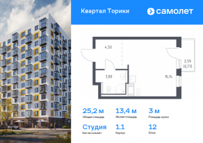 ЖК «Квартал Торики», планировка студии, 25.21 м²