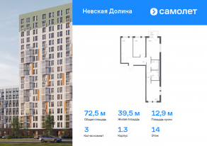ЖК «Невская Долина», планировка 3-комнатной квартиры, 72.46 м²
