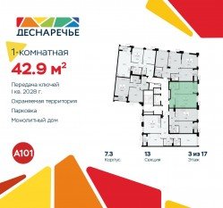 ЖК «Деснаречье», планировка 1-комнатной квартиры, 42.90 м²