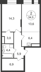 ЖК «Первый Московский», планировка 2-комнатной квартиры, 54.50 м²