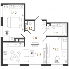 ЖК «Струны», планировка 2-комнатной квартиры, 62.60 м²