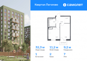 ЖК «Квартал Лаголово», планировка 1-комнатной квартиры, 32.26 м²