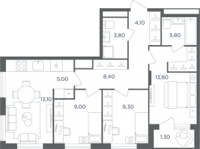 МФК «Равновесие», планировка 4-комнатной квартиры, 71.60 м²