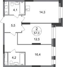 ЖК «Первый Московский», планировка 2-комнатной квартиры, 57.00 м²