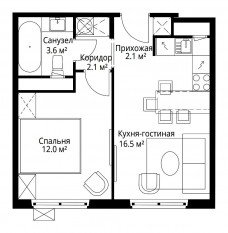 ЖК «Эко Видное 2.0», планировка 1-комнатной квартиры, 36.30 м²