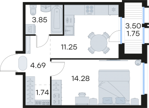 ЖК «GloraX Парголово», планировка 1-комнатной квартиры, 37.56 м²