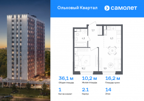 ЖК «Ольховый Квартал», планировка 1-комнатной квартиры, 36.10 м²