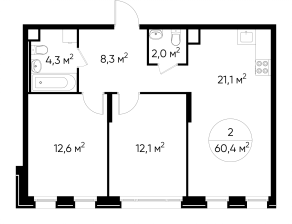 ЖК «Переделкино Ближнее», планировка 2-комнатной квартиры, 60.40 м²