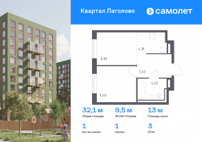 ЖК «Квартал Лаголово», планировка 1-комнатной квартиры, 32.14 м²