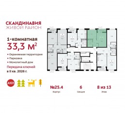 ЖК «Скандинавия», планировка 1-комнатной квартиры, 33.30 м²
