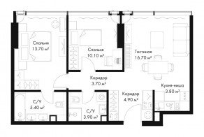 МФК «SLAVA», планировка 2-комнатной квартиры, 62.20 м²