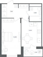 МФК «Равновесие», планировка 1-комнатной квартиры, 37.40 м²