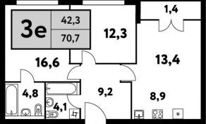 ЖК «Фестиваль парк-2», планировка 3-комнатной квартиры, 70.70 м²