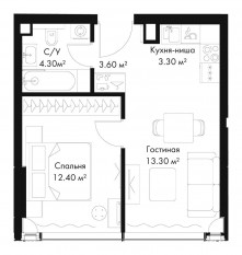 МФК «SLAVA», планировка 1-комнатной квартиры, 36.90 м²