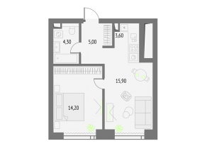 ЖК «Upside Towers», планировка 1-комнатной квартиры, 43.00 м²