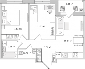 ЖК ЦДС «Dreamline», планировка 2-комнатной квартиры, 52.00 м²