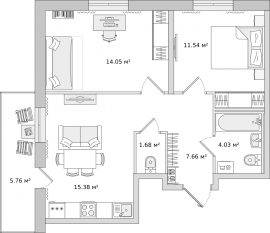ЖК ЦДС «Новые Горизонты», планировка 2-комнатной квартиры, 54.30 м²