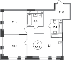 ЖК «Первый Московский», планировка 2-комнатной квартиры, 57.40 м²