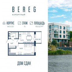 Апарт-комплекс «Bereg. Курортный», планировка 1-комнатной квартиры, 43.02 м²