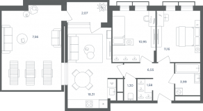 МФК «Равновесие», планировка 3-комнатной квартиры, 63.50 м²