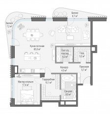 ЖК Дом «Лаврушинский», планировка 2-комнатной квартиры, 124.70 м²