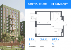 ЖК «Квартал Лаголово», планировка 1-комнатной квартиры, 32.98 м²