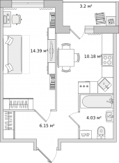 ЖК «Parkolovo», планировка 1-комнатной квартиры, 34.90 м²