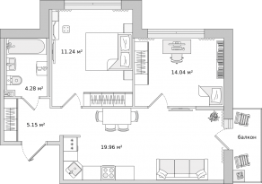 ЖК «Город Первых», планировка 2-комнатной квартиры, 57.74 м²