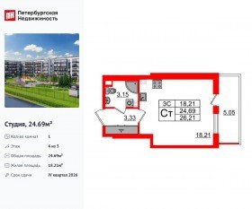 ЖК «Парадный ансамбль», планировка студии, 24.69 м²