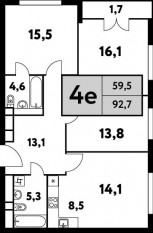ЖК «Фестиваль парк-2», планировка 4-комнатной квартиры, 92.70 м²