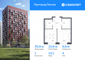 ЖК «Пригород Лесное», планировка 1-комнатной квартиры, 35.83 м²