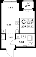 ЖК «GloraX Новоселье», планировка студии, 25.22 м²