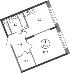 ЖК «Переделкино Ближнее», планировка 1-комнатной квартиры, 34.90 м²