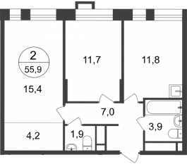 ЖК «Первый Московский», планировка 2-комнатной квартиры, 55.90 м²