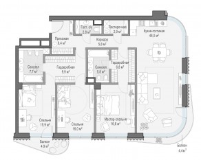 ЖК Дом «Лаврушинский», планировка 3-комнатной квартиры, 147.50 м²