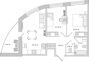ЖК ЦДС «Новые Горизонты», планировка 2-комнатной квартиры, 57.40 м²