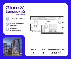 Апарт-комплекс «GloraX Заневский», планировка студии, 22.60 м²