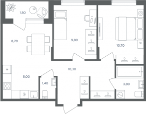 МФК «Равновесие», планировка 3-комнатной квартиры, 51.20 м²