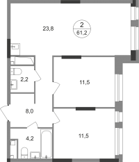 ЖК «Первый Московский», планировка 2-комнатной квартиры, 61.20 м²