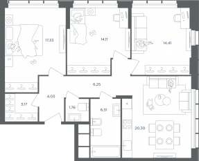 ЖК «Headliner», планировка 4-комнатной квартиры, 88.40 м²