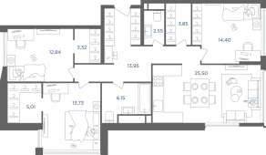 ЖК «Headliner», планировка 4-комнатной квартиры, 101.90 м²
