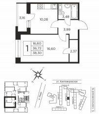 ЖК «Новый Лесснер», планировка 1-комнатной квартиры, 36.72 м²