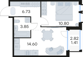 ЖК «GloraX Парголово», планировка 1-комнатной квартиры, 37.39 м²