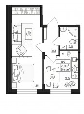 МЖК «Верево-Сити», планировка 1-комнатной квартиры, 39.64 м²