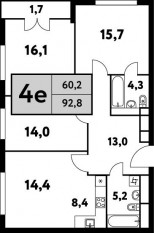 ЖК «Фестиваль парк-2», планировка 4-комнатной квартиры, 92.80 м²