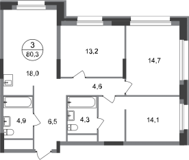 ЖК «Первый Московский», планировка 3-комнатной квартиры, 80.30 м²