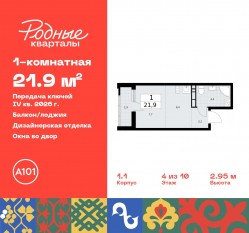 ЖК «Родные кварталы», планировка студии, 21.90 м²